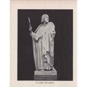 St James / St Bartholomew Marble Statue Print Antique 1880s Religion Christian